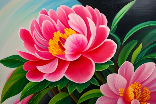 painting of a pink flower with green leaves in a vase