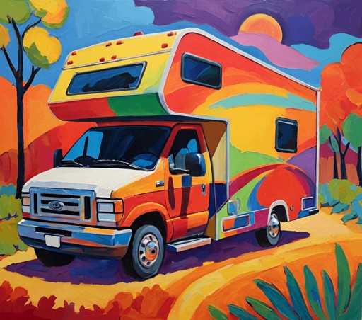 painting of a camper van parked in a colorful landscape