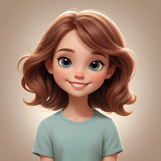 cartoon girl with brown hair and blue shirt smiling