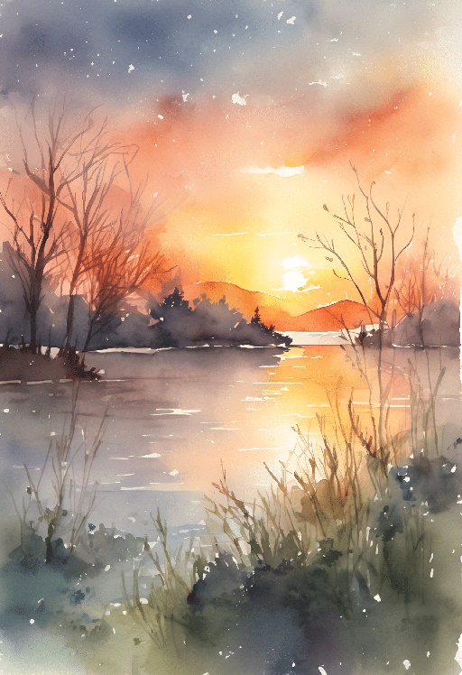 painting of a sunset over a lake with trees and grass