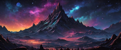 mountains with a colorful sky and stars in the background