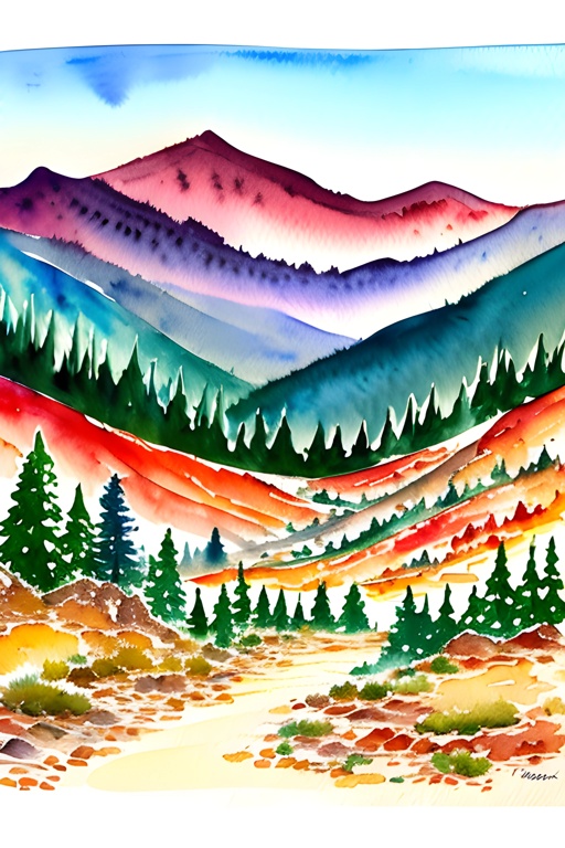 painting of a mountain scene with a colorful sky and trees