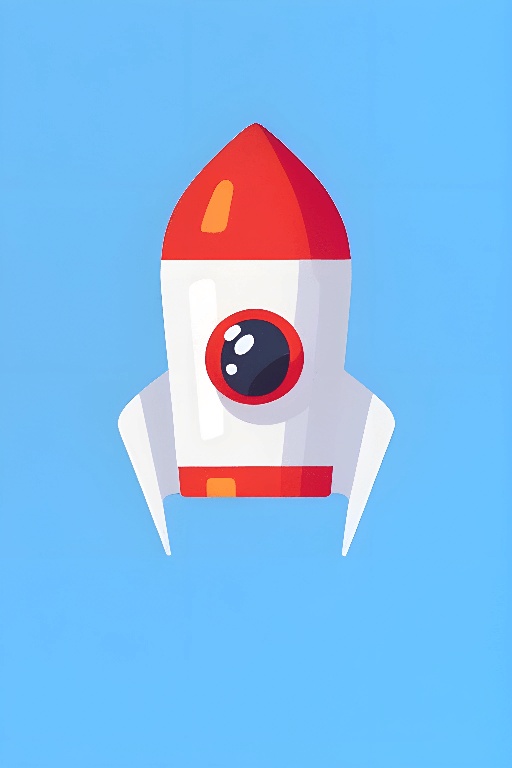 a red and white rocket ship with a blue sky in the background