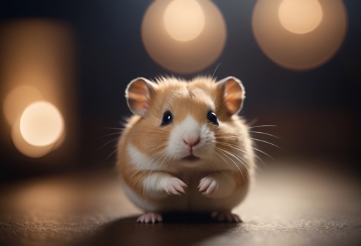 a small hamster sitting on a table with a blurry background