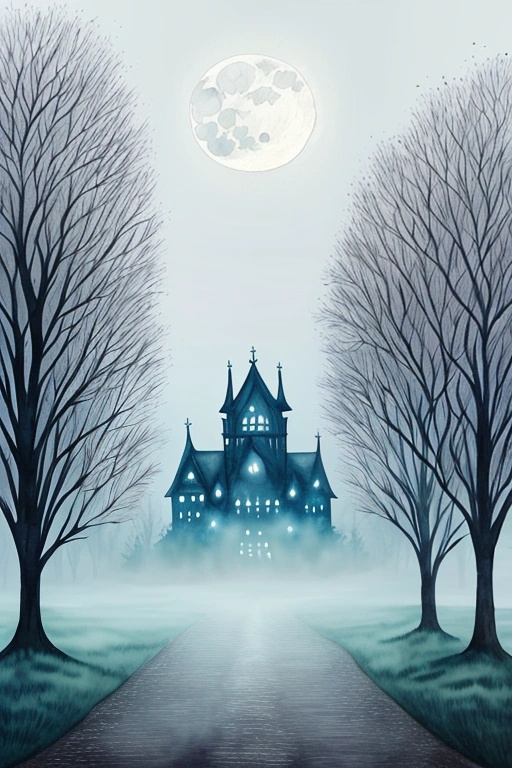 a painting of a creepy house with a full moon in the background