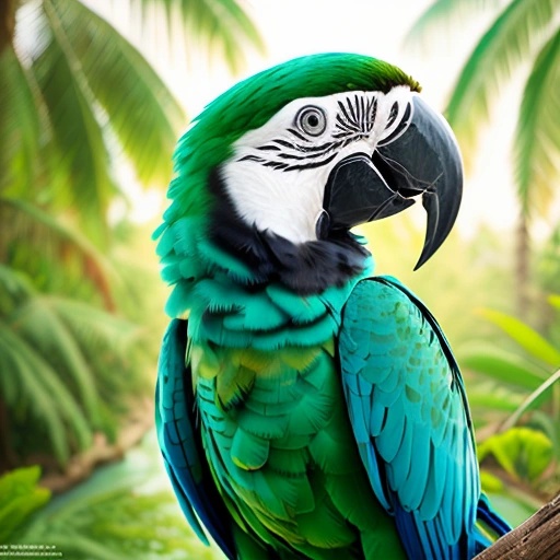 green and blue parrot perched on a branch in a tropical setting