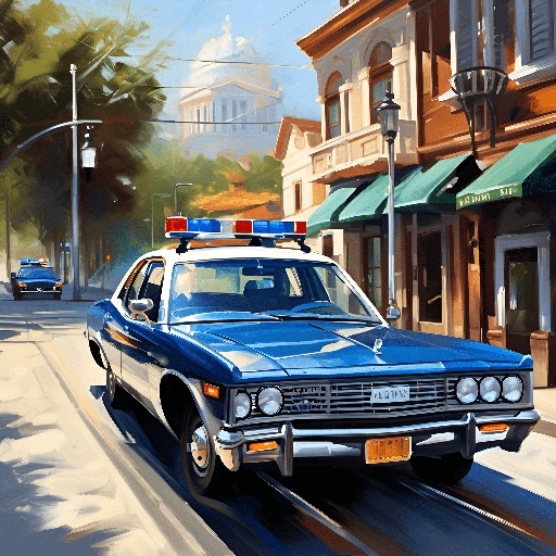 painting of a police car driving down a street with a police car behind it