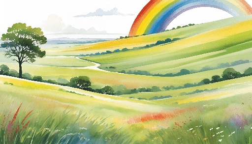 a painting of a rainbow over a green field