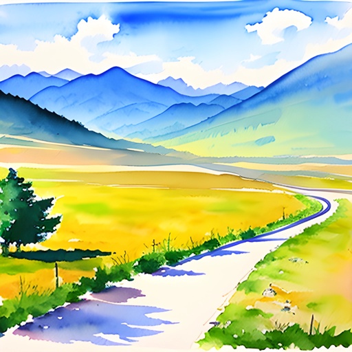 painting of a road in a field with mountains in the background