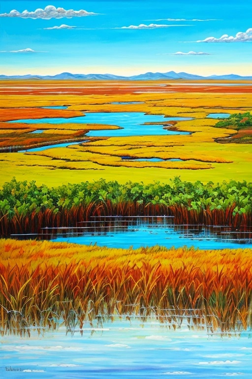 a painting of a field with a river and a mountain in the background