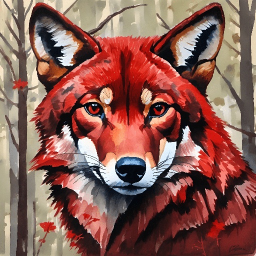 painting of a red fox in a forest with trees and leaves