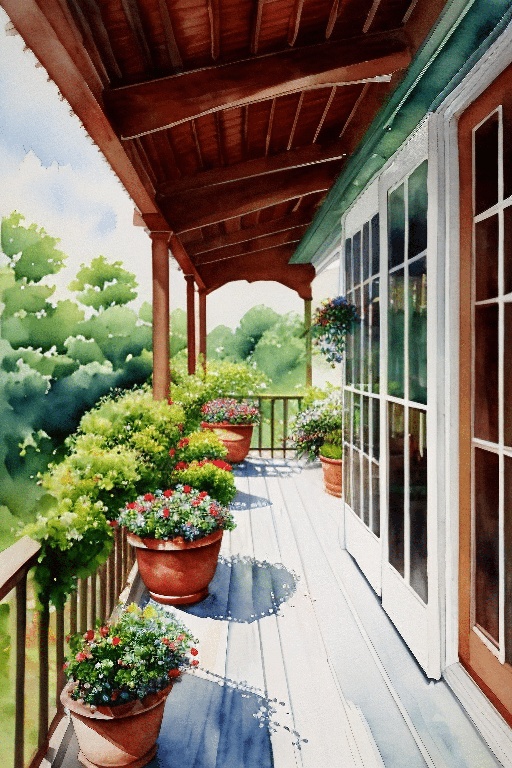 painting of a porch with potted plants and a wooden railing