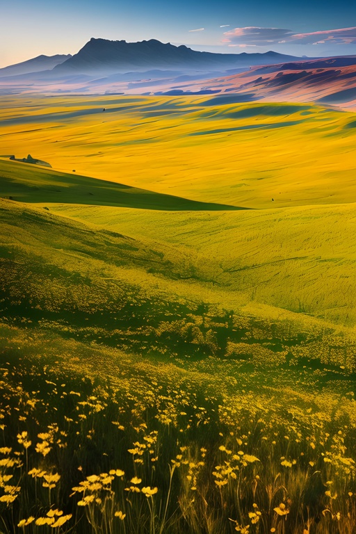 grassy field with yellow flowers and mountains in the distance