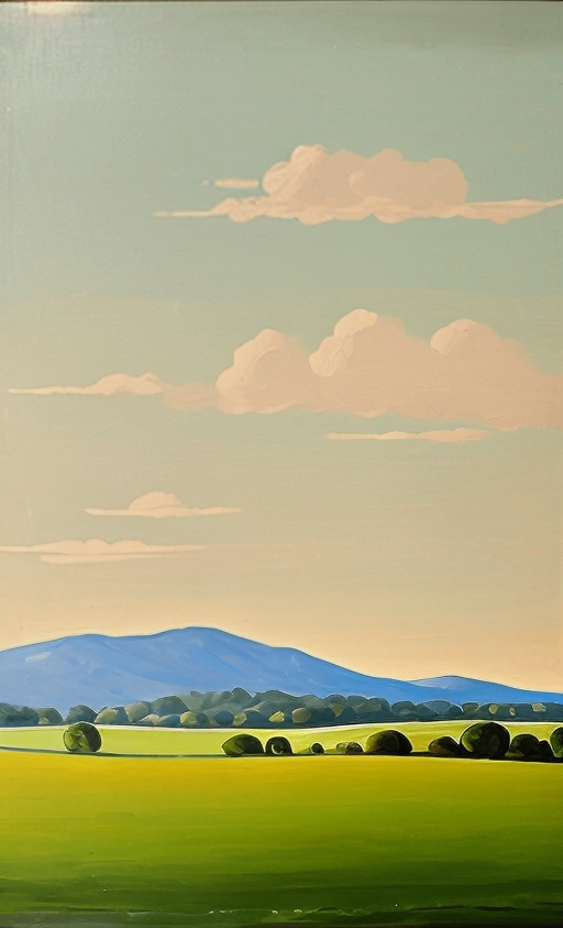 painting of a green field with a few trees and mountains in the distance