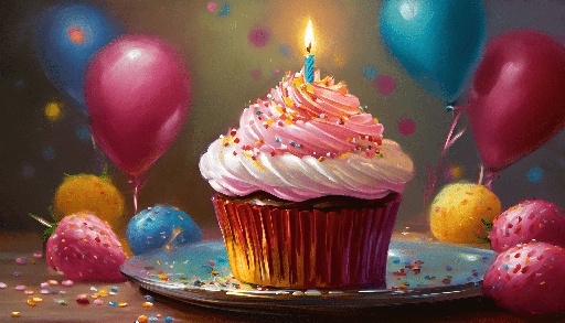 a cupcake with a candle on a plate with balloons