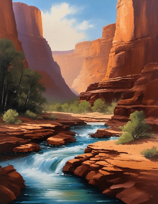 painting of a river flowing through a canyon with a mountain in the background
