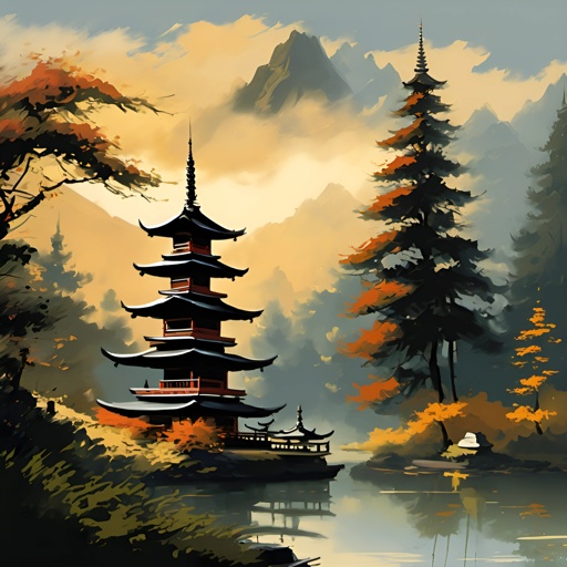 painting of a pagoda in a forest with a lake and a boat