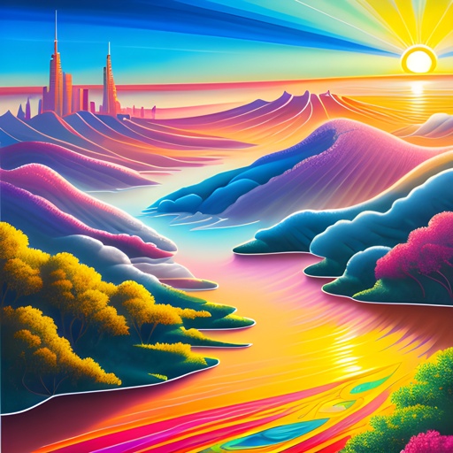 brightly colored landscape with a river and a mountain in the distance