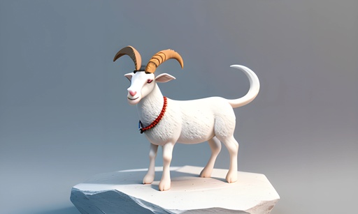 a small white goat with horns standing on a rock
