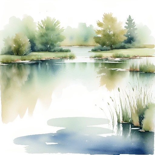a watercolor painting of a lake with grass and trees
