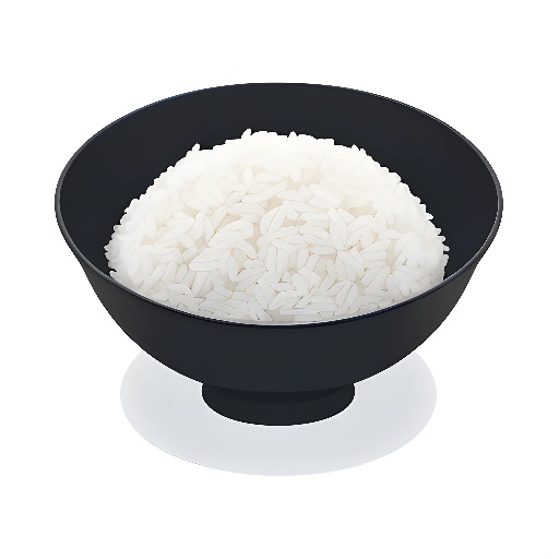 a black bowl of rice on a white surface