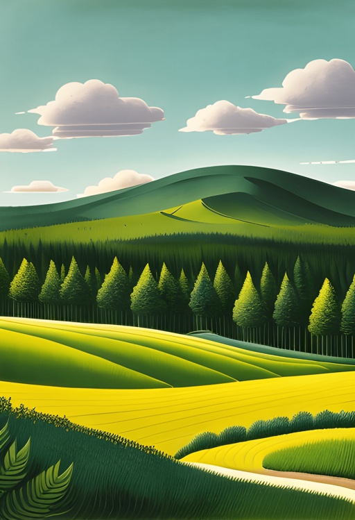 a painting of a green field with trees and hills