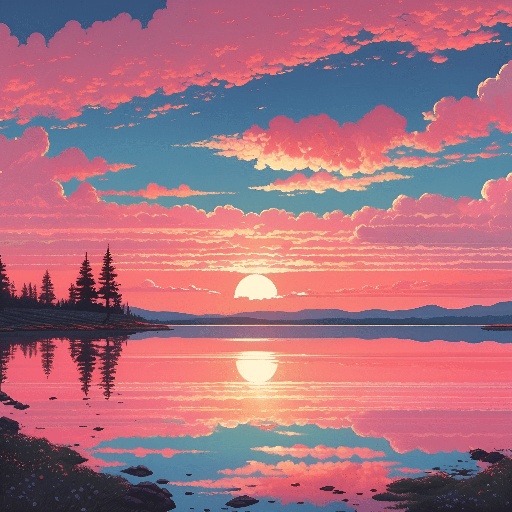 painting of a sunset over a lake with trees and a mountain in the distance