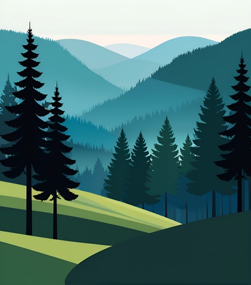 a picture of a mountain scene with pine trees