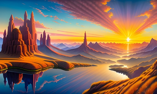 painting of a sunset over a mountain range with a lake