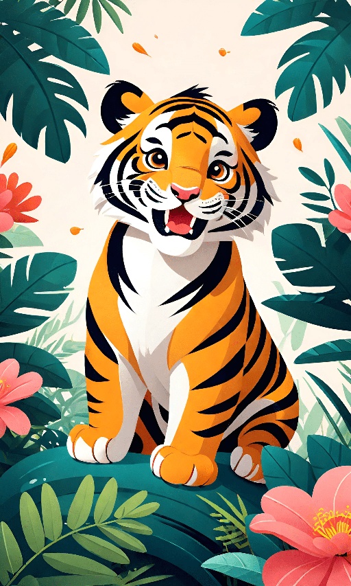 a tiger sitting in the jungle with flowers and leaves