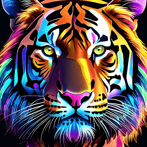 brightly colored tiger face on black background with bright colors