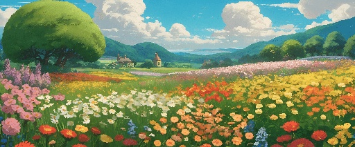 painting of a field of flowers with a house in the distance