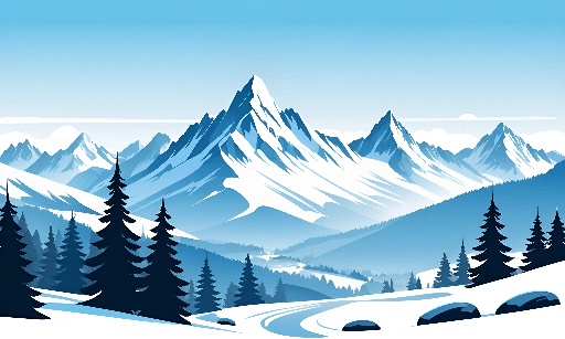 snowy mountain landscape with pine trees and a road