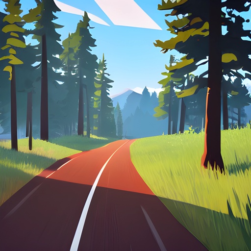 a painting of a road in the middle of a forest