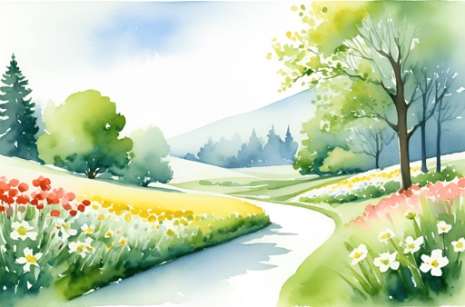 a painting of a road that is going through a field of flowers