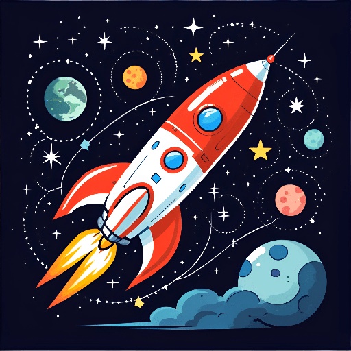 illustration of a rocket flying through space with planets and stars