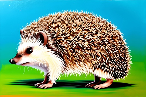 painting of a hedgehog on a green field with a blue sky in the background