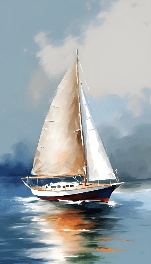 painting of a sailboat with a white sail on the water