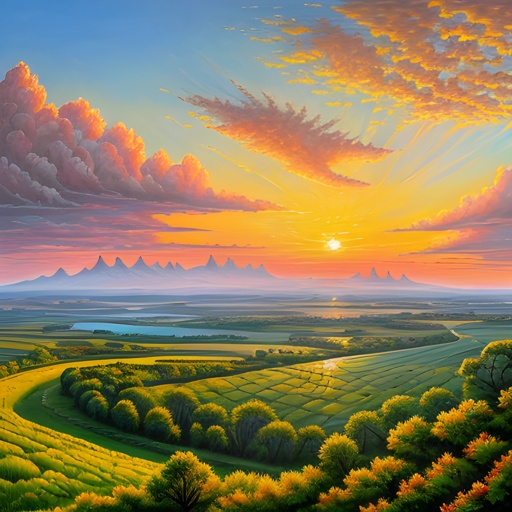 painting of a sunset over a rural landscape with a river