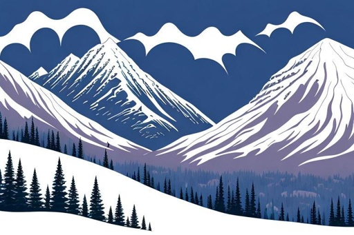 a snowy mountain scene with pine trees and mountains in the background