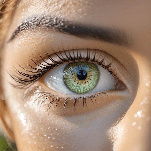 a close up of a woman's eye with a green eye