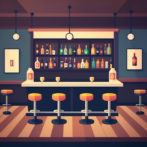 a bar with stools and bottles on the shelves