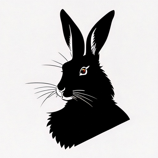 a black rabbit with a red eye on a white background