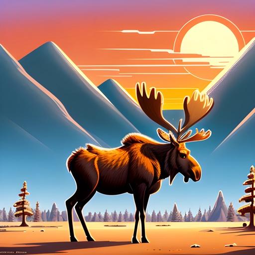 a moose standing in the middle of a field with mountains in the background