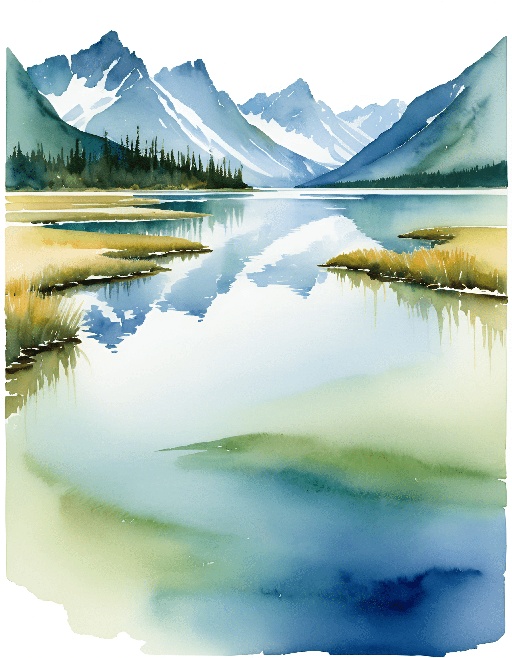 a painting of a mountain lake with a mountain in the background