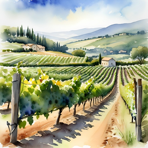painting of a vineyard with a house and a road in the background