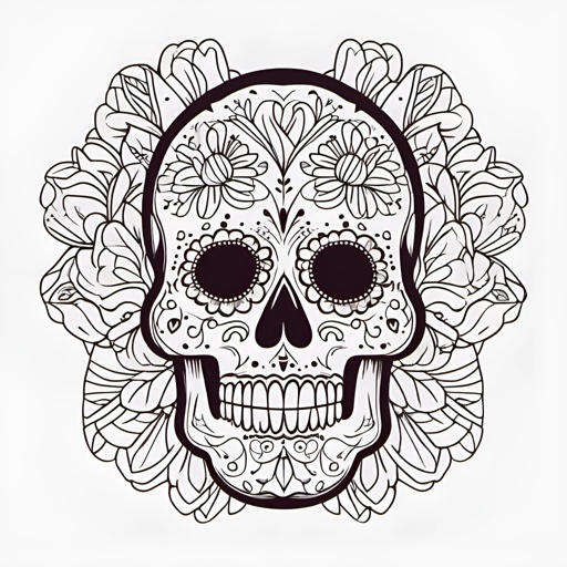 a black and white drawing of a skull with flowers