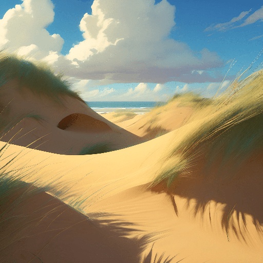 a painting of a beach scene with sand dunes and a blue sky