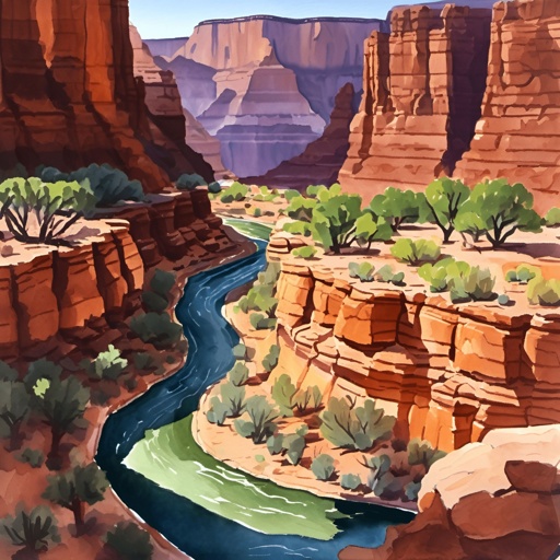 painting of a river running through a canyon surrounded by rocks