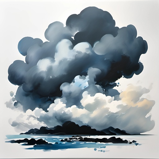 painting of a cloud over a body of water with a boat in the water